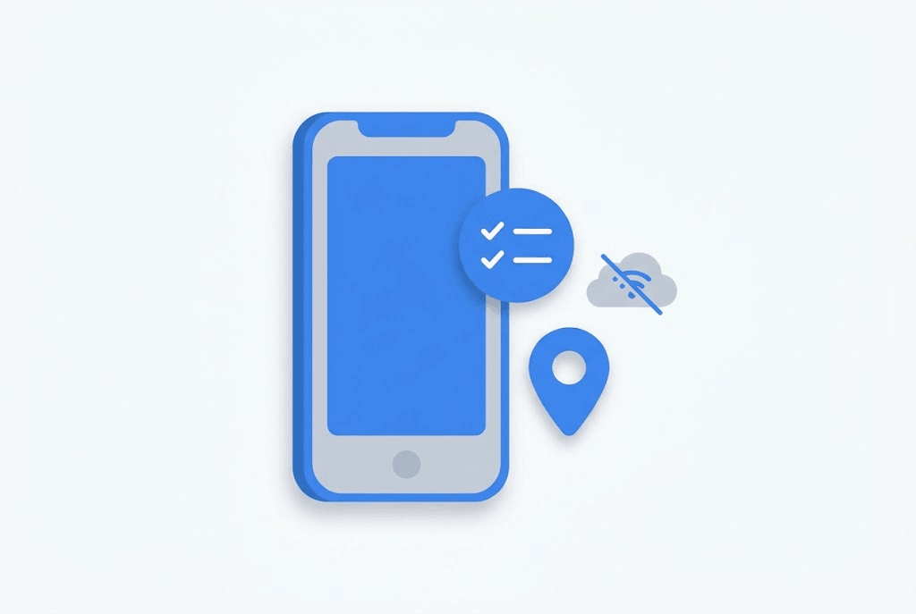 Illustration of a phone with a checklist icon, a location pin, and an offline indicator
