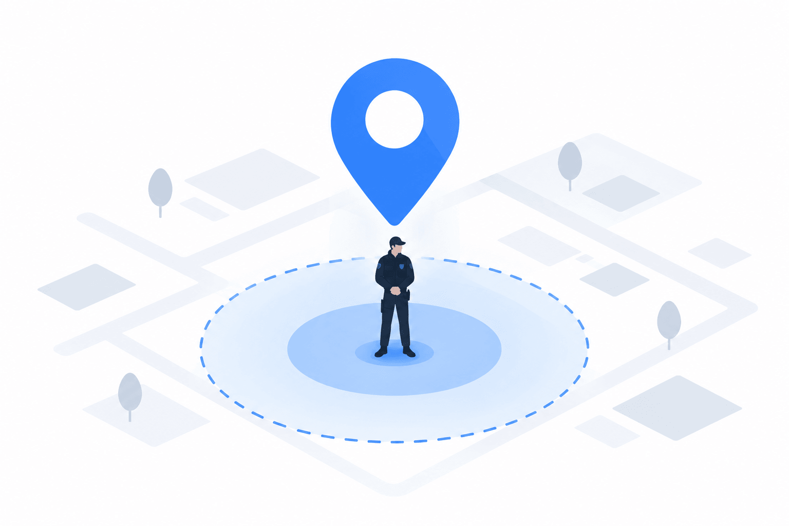 Illustration of a security guard standing inside a geofence radius under a location pin