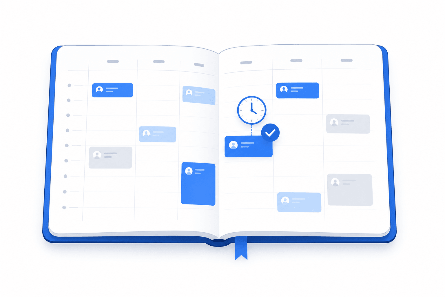 Illustration of an open planner with color-coded shift entries and a scheduled checkmark